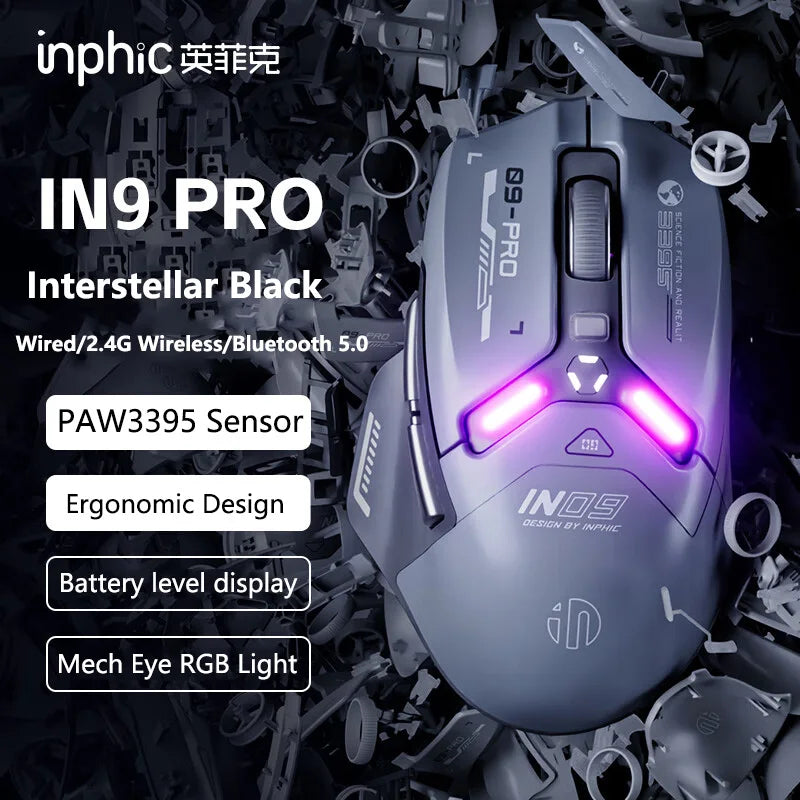 Inphic IN9PRO Wireless Gaming Mouse 26000DPI 8K Polling Rate Bluetooth 5.0 Wired 2.4G Tri-mode RGB Ergonomic Gaming Mouse