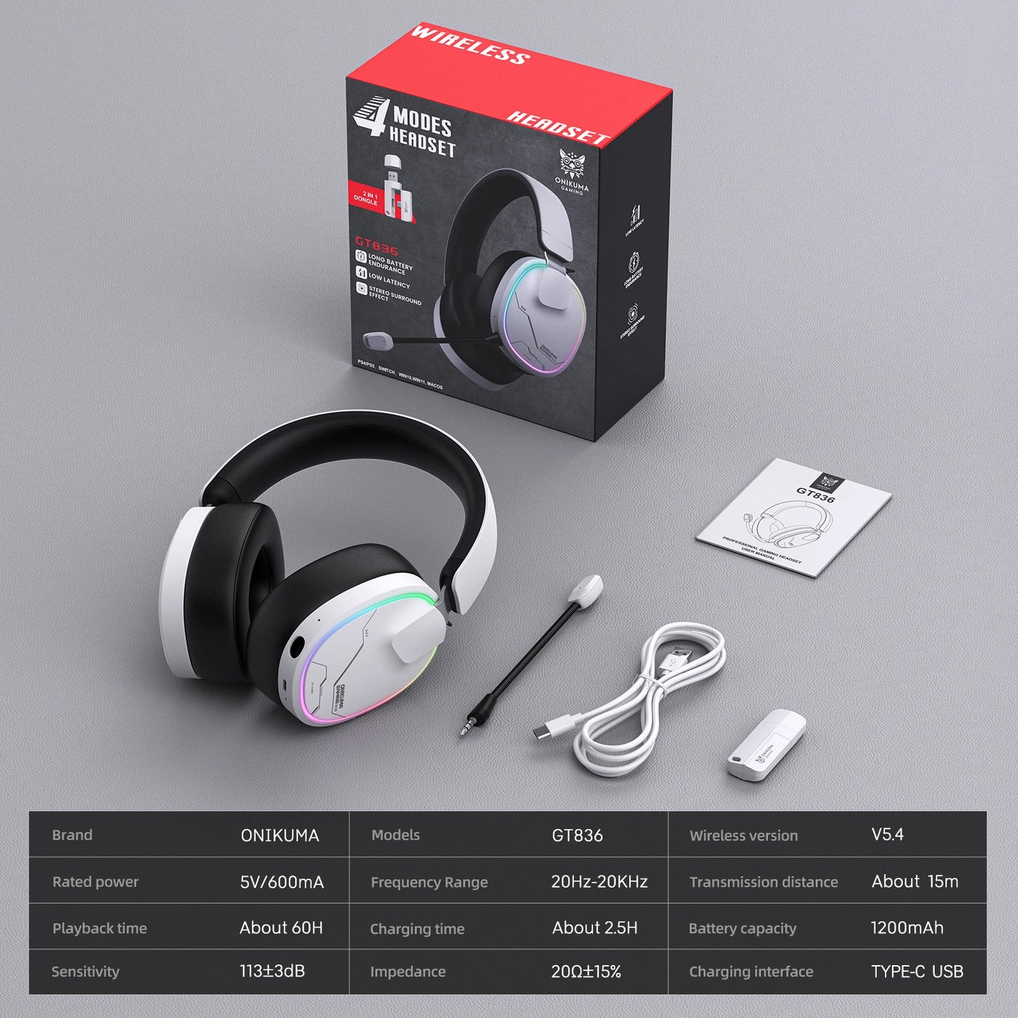 ONIKUMA Gt808 45dB Active Noise Canceling Wireless Headset | Hi-Res Audio, 1200mAh Battery 2.4GHz, Bluetooth, Wired