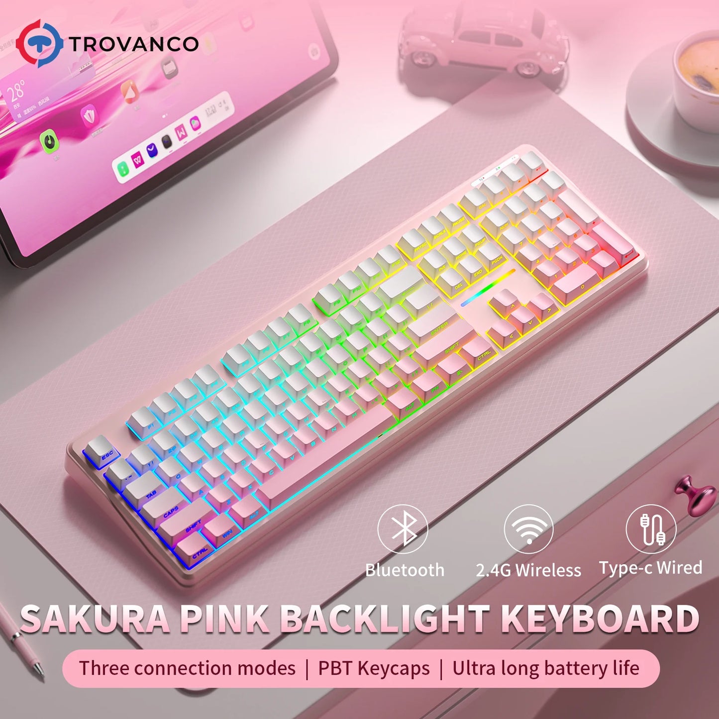V108 Pro Bluetooth Keyboard Office Low Noise 2.4G Wired&Wireless Full Layout with RGB Backlit Membrane