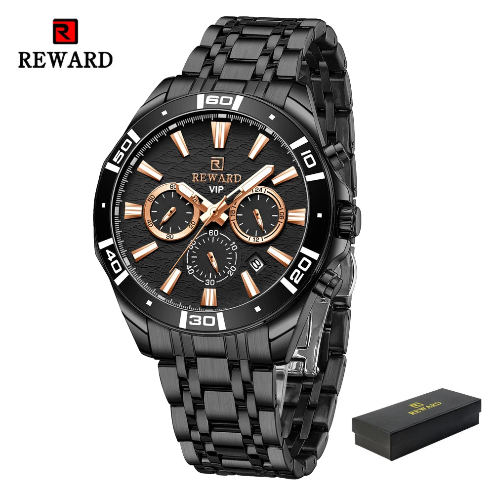 REWARD Mens Watches Waterproof Luminous Quartz Wristwatch Business Stainless Steel Strap with gift box