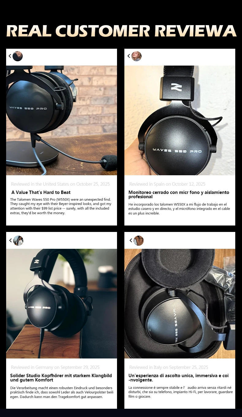 TALOMEN W550x Corded Studio Headphones Stereo Professional DJ Headphones Over-Ear Monitor Headphones with Detachable Cable