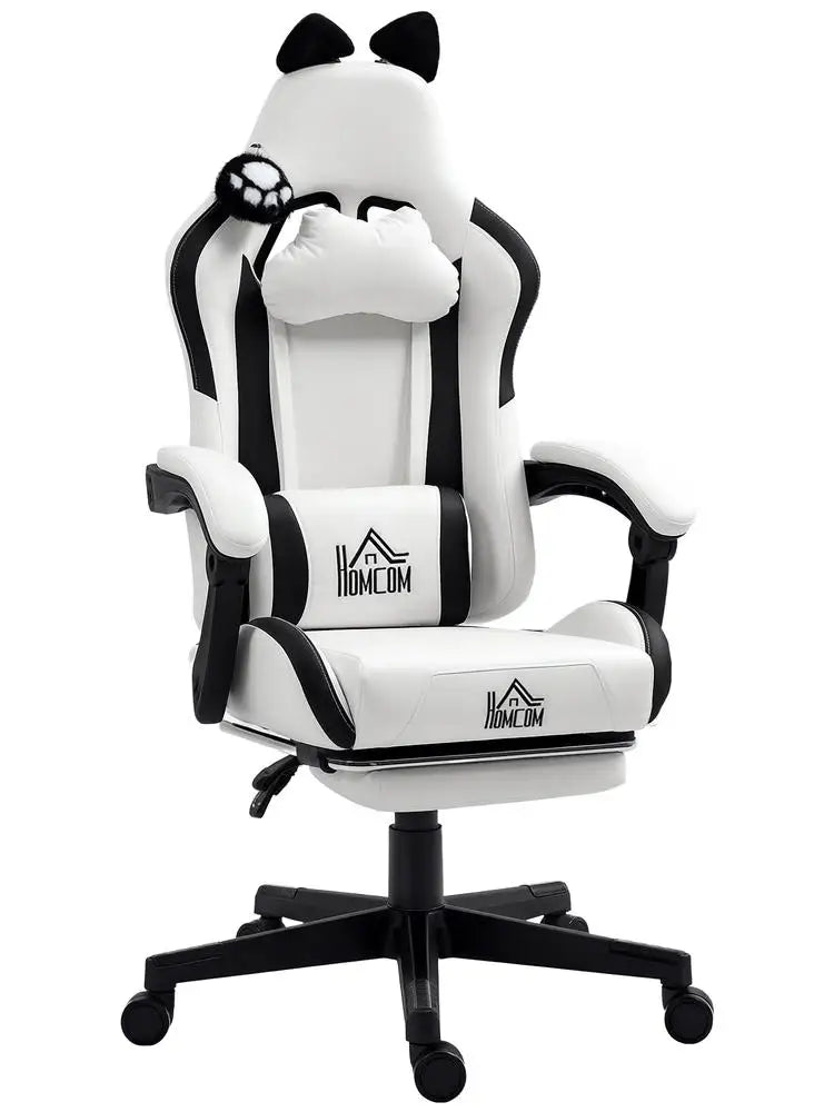 Cute Cat Shaped Gaming Chair with Removable Cat Ears and Paws,Retractable Footrest, Lumbar Head Support, 360° Swivel Gamer Chair