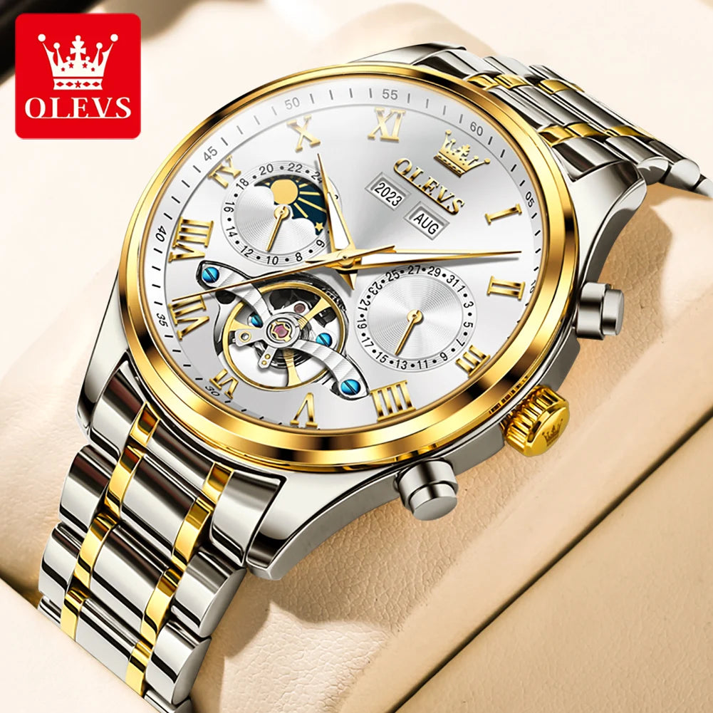 OLEVS 7005 Classic Business Mechanical Wristwatch for Man Skeleton Flywheel 24 Hour Moon Phase Calendar Luxury Men's Watch