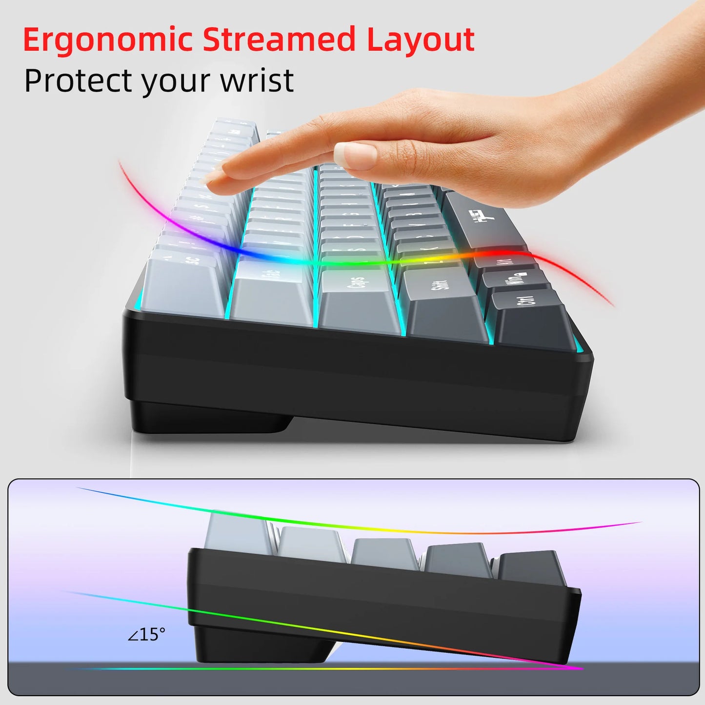 New 68% Three-Mode Wired/Wireless/Bluetooth Gaming Keyboard Gradual Change Gray RGB Backlight