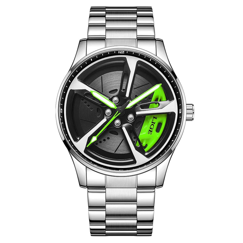 LIGE New Sport 3d Car Wheel Rim Hub Watch Fashionable Rotating Dial Stainless Steel Strap Waterproof Quartz Watches reloj hombre