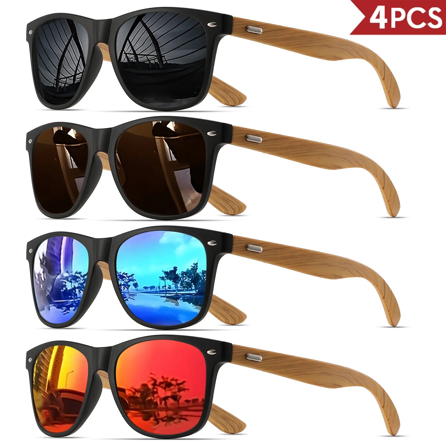 4PCS Bamboo Texture Square Sunglasses UV400, Fashion Unisex Classic - Lightweight for Casual Wear & Holidays