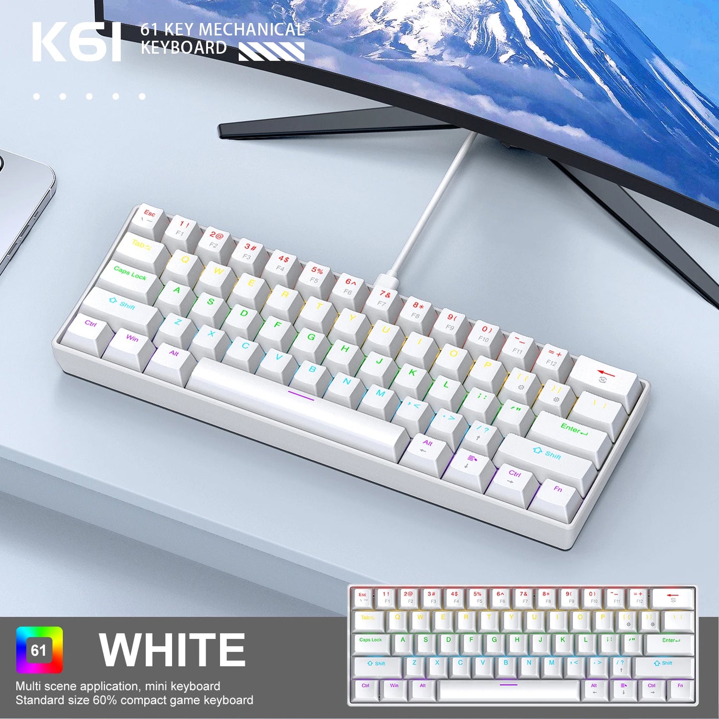 APAYADO K61 Mini 60% Gaming Keyboard 61-Key, Wired, Portable, RGB Lighting, Red/Blue Switch, Black/White/Red Colors