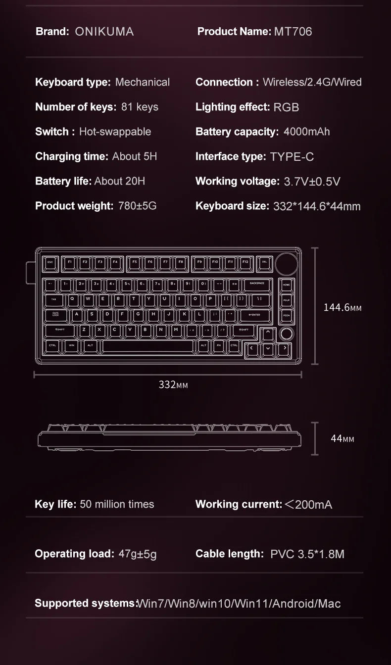 Onikuma 2025 New Mt706 Rgb Gaming Mechanical Keyboard 2.4g/ Wired/Bt, 81-Key Pbt Rgb Gaming Keyboard