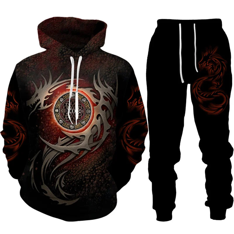 Dres z nadrukiem 3D Retro Dragon Tattoo dla mężczyzn i kobiet, casualowy zestaw z bluzą z kapturem + spodnie, 2 części, oversize, modna odzież męska
