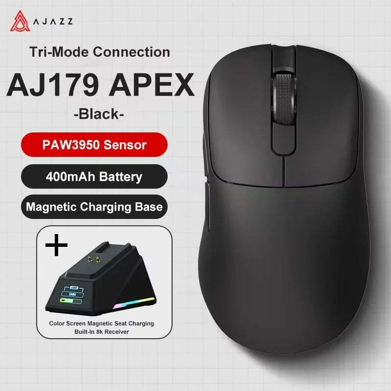 Ajazz AJ179 APEX Wireless Gaming Mouse with Color Screen Base, Bluetooth, PAW3395, 400mAh Battery, 8000Hz Refresh Rate