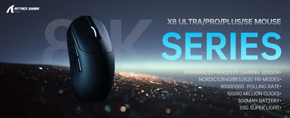 ATTACK SHARK X8 Ultra 8KHz Wireless Gaming Mouse, 55g Superlight, Nordic 52840, PAW3950MAX, 42KDPI, Cool Nano-Coating, 500mAh