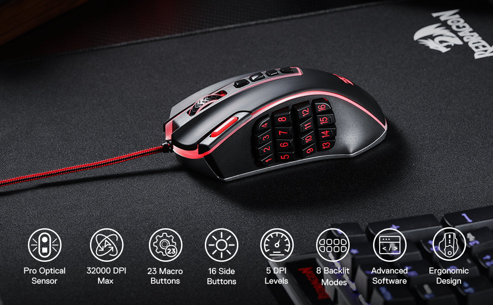 Redragon M990 MMO Gaming Mouse, 32000 DPI High Precision Wired RGB Gamer Mouse w/23 Programmable Buttons, 16 Side Macro Keys