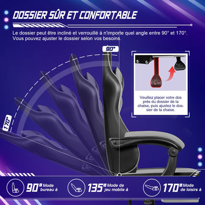 Portreen Gaming chair with footrest, ergonomic gaming chair, gaming armchair with adjustable lumbar cushion and headrest, height-adjustable swivel, rocking function up to 170°, gaming chair for up to 150 kg, black, perfect f