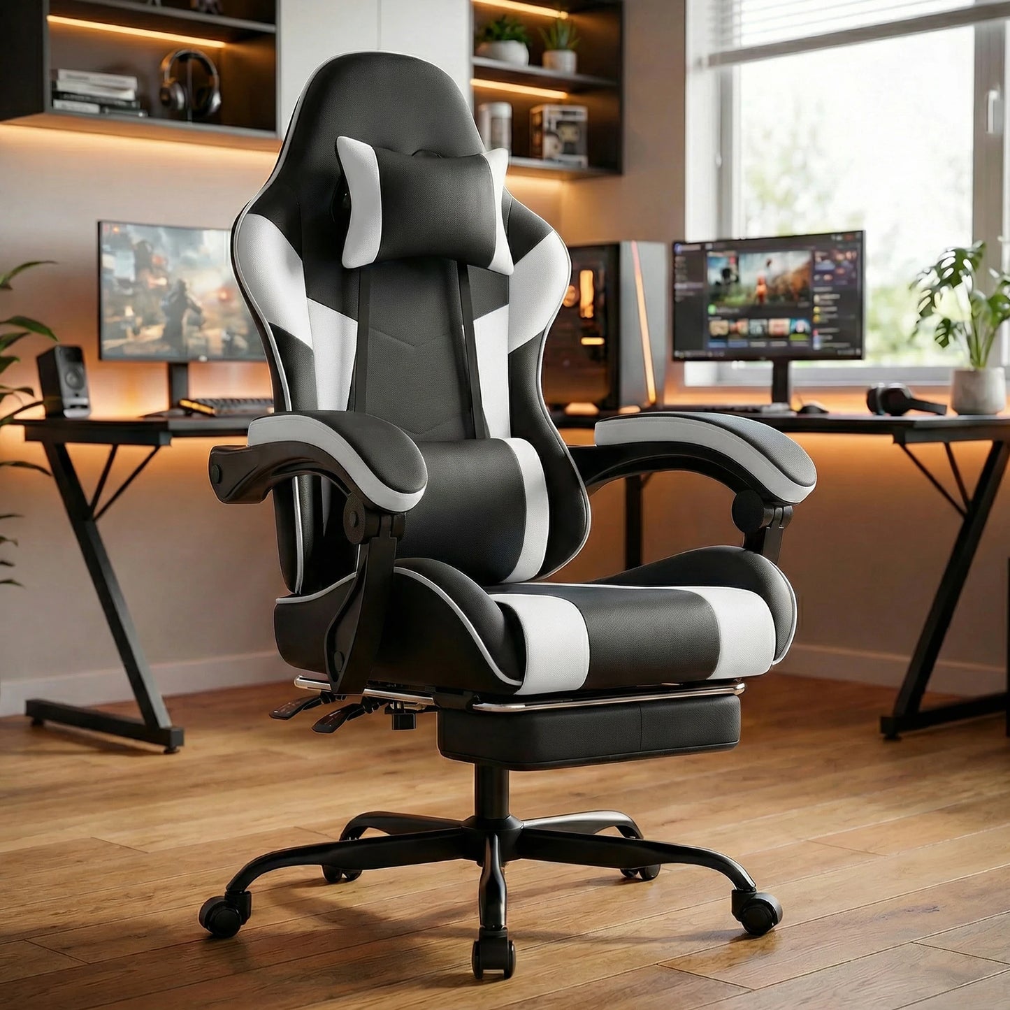 Black & White Gaming Chair, Ergonomic PU Leather Computer Chair with Footrest, Adjustable Swivel Office Chair with Lumbar Support & Headrest, Breathable High-Back Chair for Gaming & Work