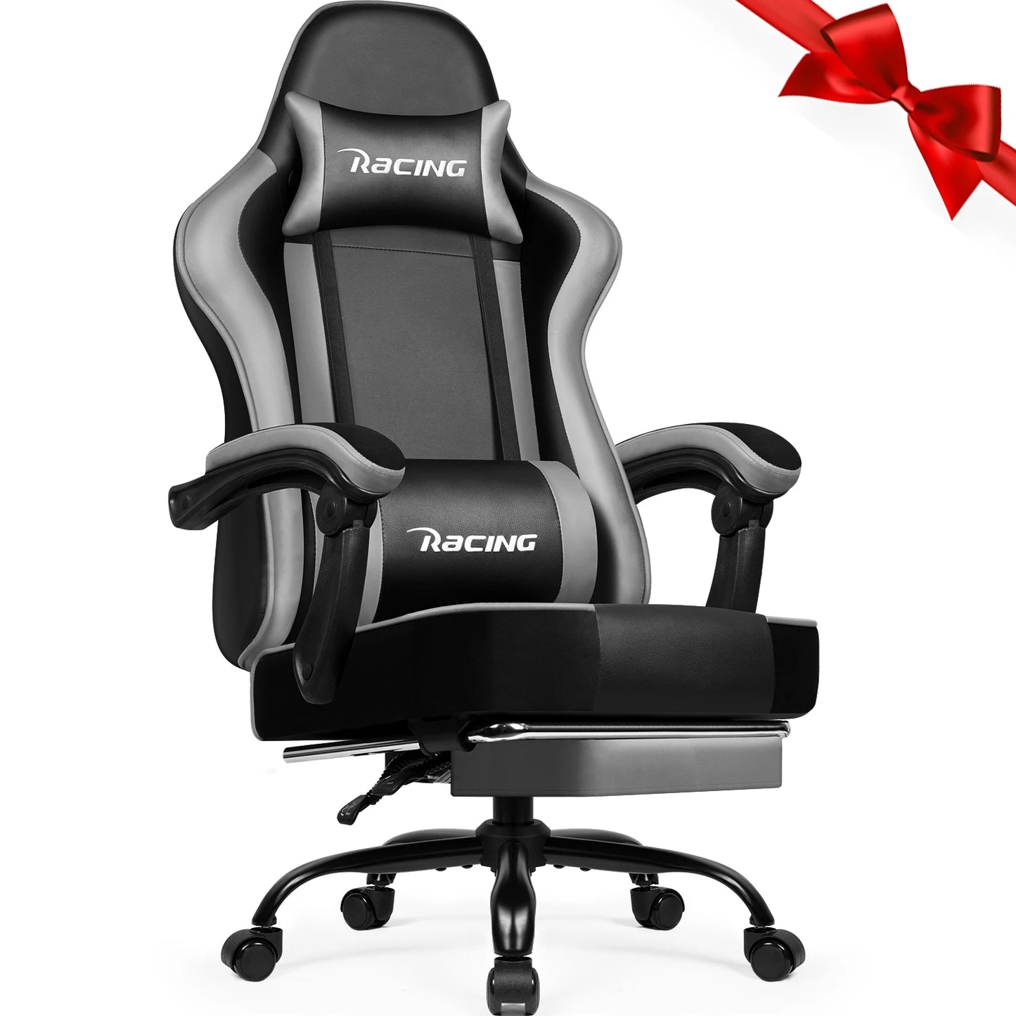 Portreen Gaming chair with footrest, ergonomic gaming chair, gaming armchair with adjustable lumbar cushion and headrest, height-adjustable swivel, rocking function up to 170°, gaming chair for up to 150 kg, black, perfect f