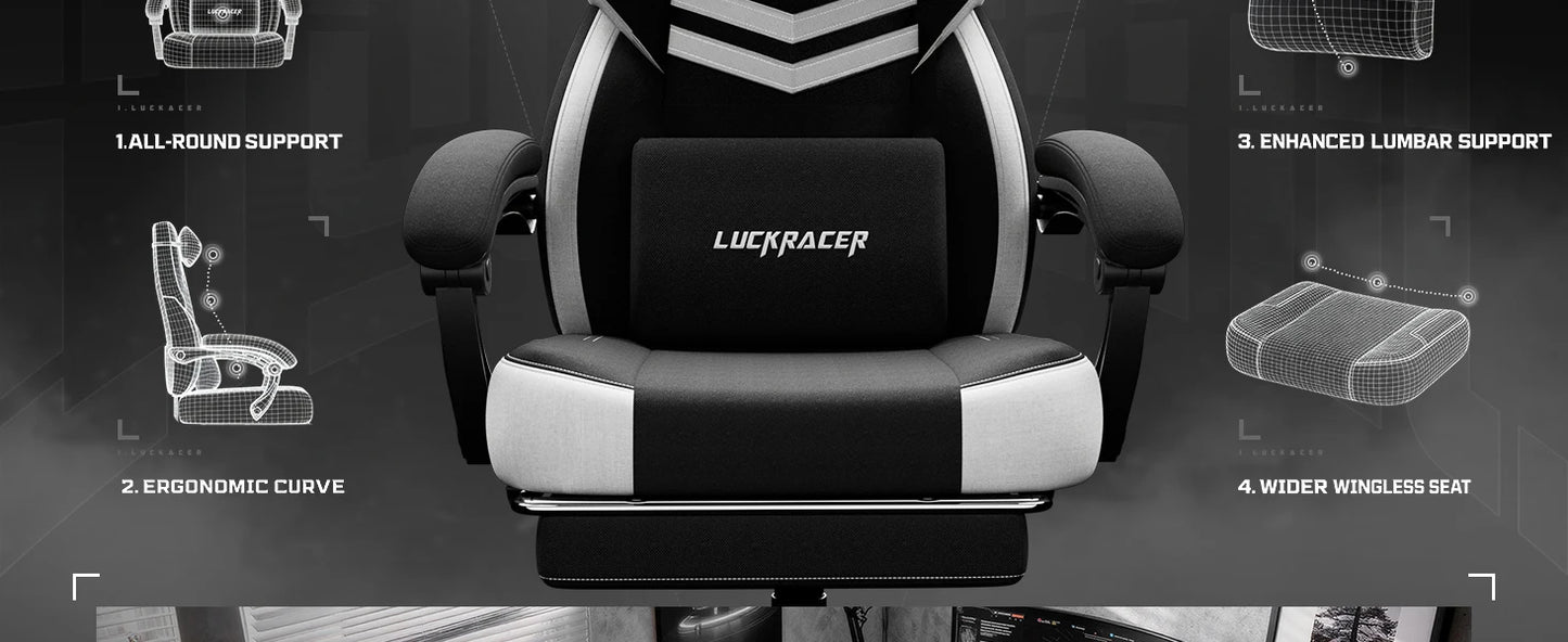 LUCK RACER Gaming chair, Connected Armrests Office Chair, Memory Foam Cushion, 90-155 ° Incline Angle and Footrest