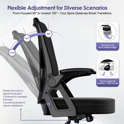 Hiazurm Ergonomic Office Chair, with Adjustable Lumbar Support, 90° Foldable Armrests & Rocking Function, 150kg Capacity