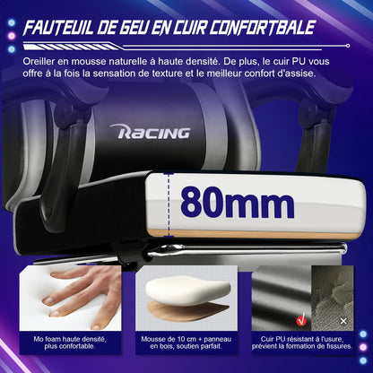 Portreen Gaming chair with footrest, ergonomic gaming chair, gaming armchair with adjustable lumbar cushion and headrest, height-adjustable swivel, rocking function up to 170°, gaming chair for up to 150 kg, black, perfect f