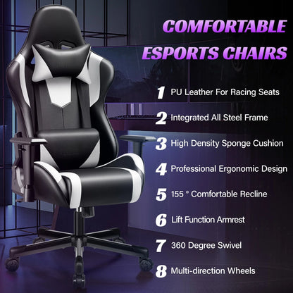 Gaming chair multi-directional adjustable PU leather ergonomic lumbar support Headrest Black and White