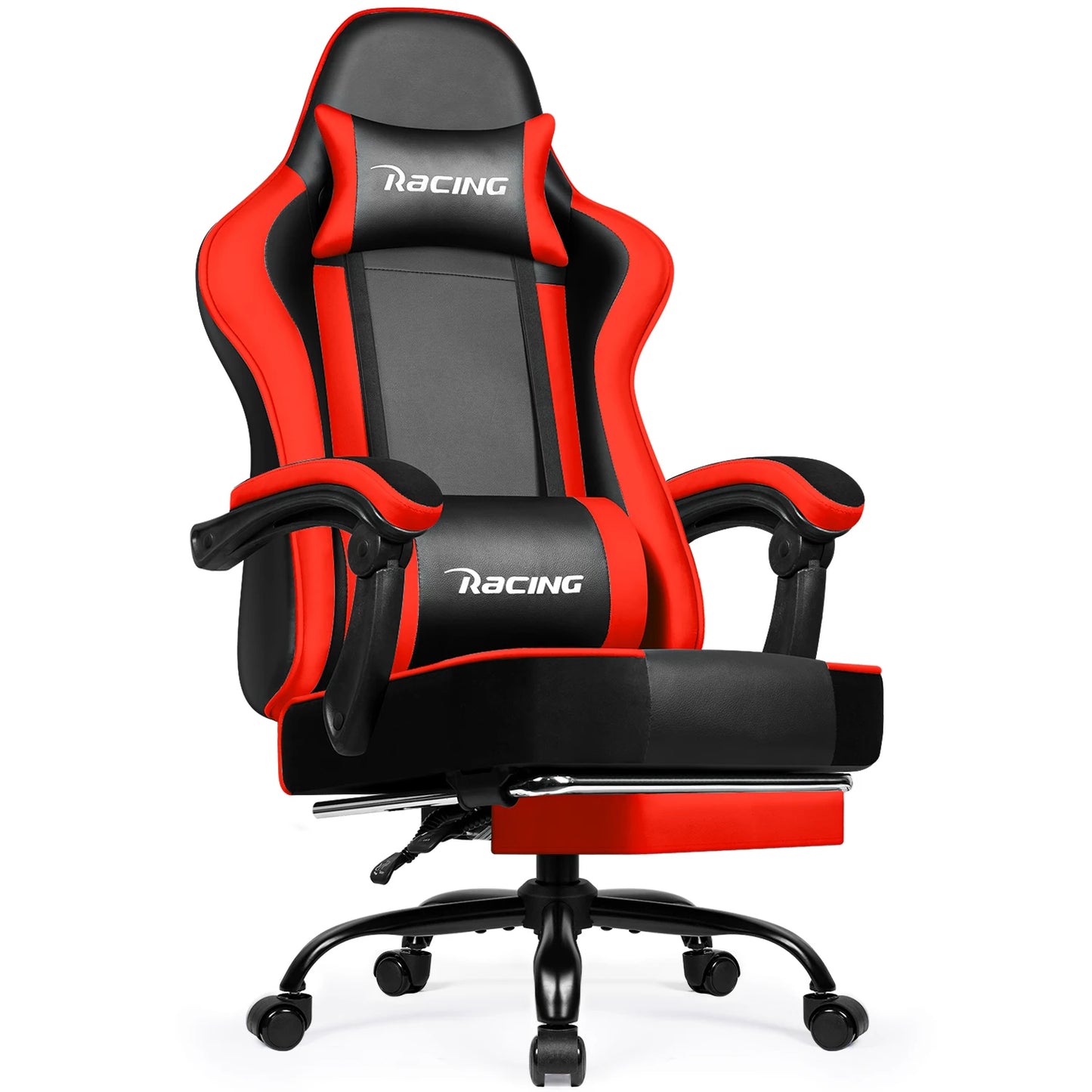 Portreen Gaming chair with footrest, ergonomic gaming chair, gaming armchair with adjustable lumbar cushion and headrest, height-adjustable swivel, rocking function up to 170°, gaming chair for up to 150 kg, black, perfect f