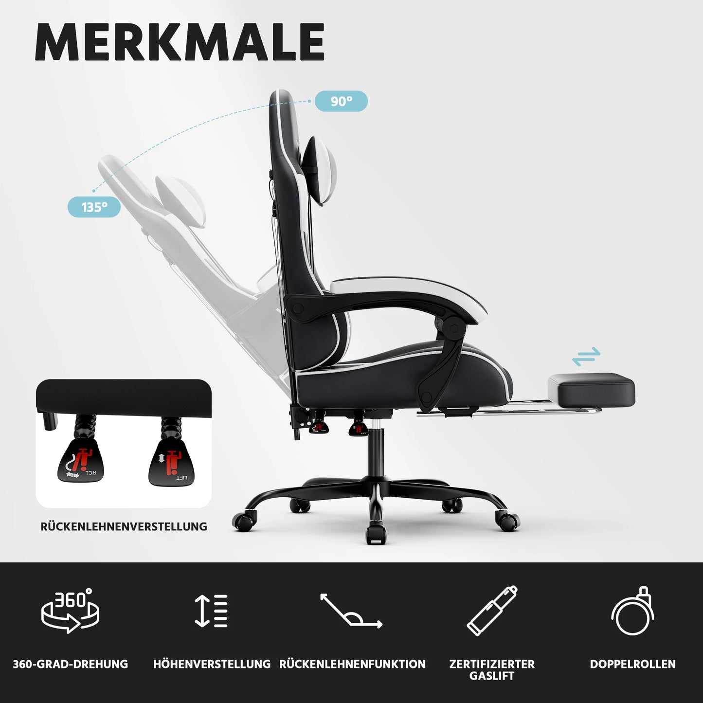 Black & White Gaming Chair, Ergonomic PU Leather Computer Chair with Footrest, Adjustable Swivel Office Chair with Lumbar Support & Headrest, Breathable High-Back Chair for Gaming & Work