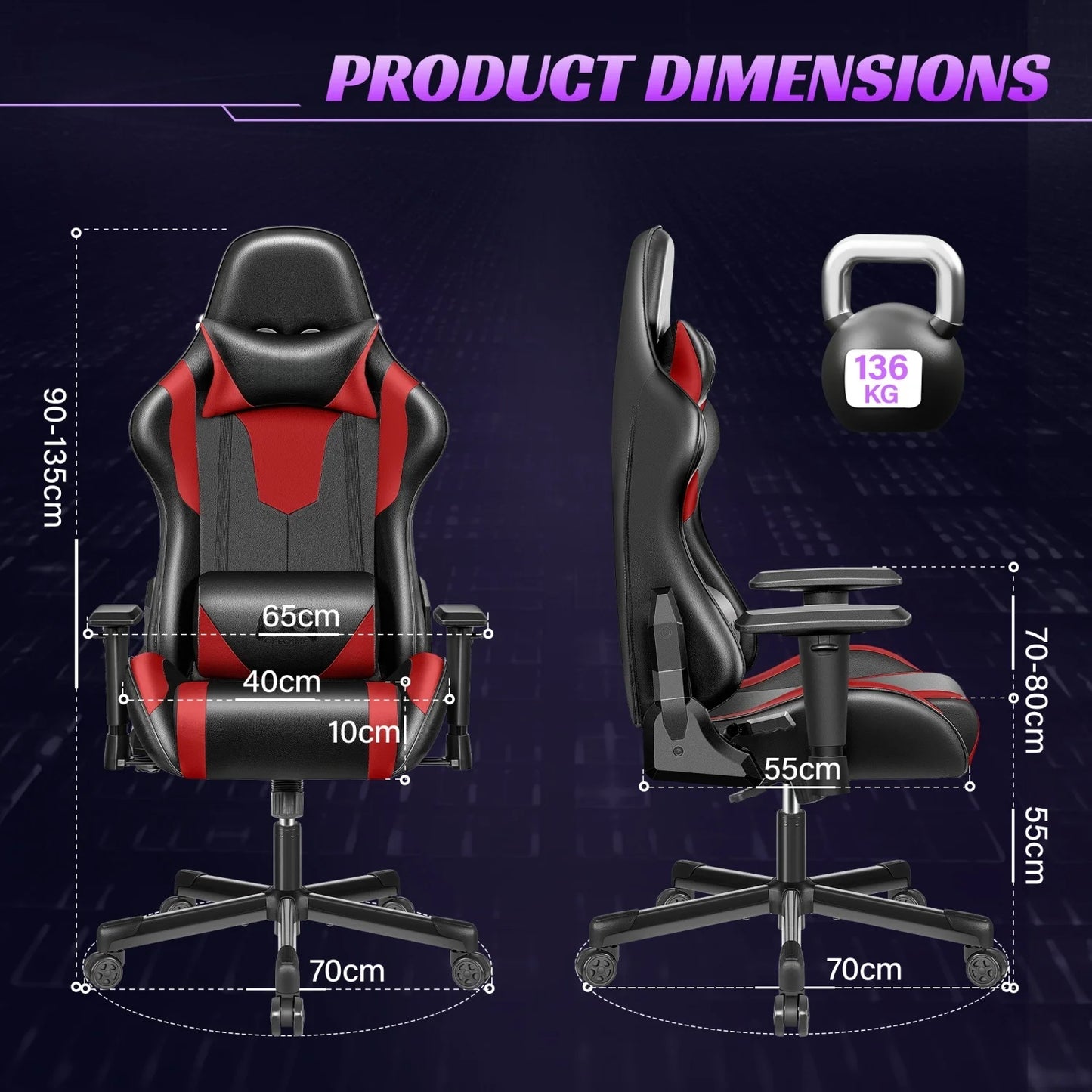 Gaming chair multi-directional adjustable PU leather ergonomic lumbar support Headrest Black Red