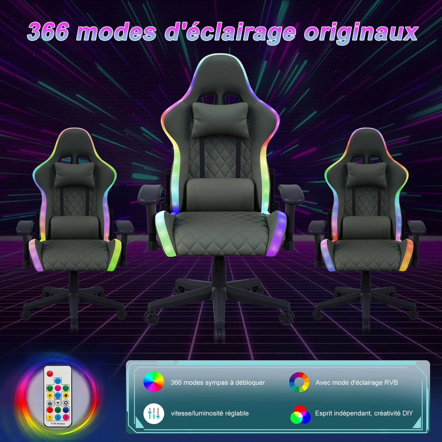 Superaly 72x58.5x125-133cm Ergonomic Gaming Chair RGB Light,Gamer Chair,PU Leather Office Chair with Headrest & Lumbar Cushion
