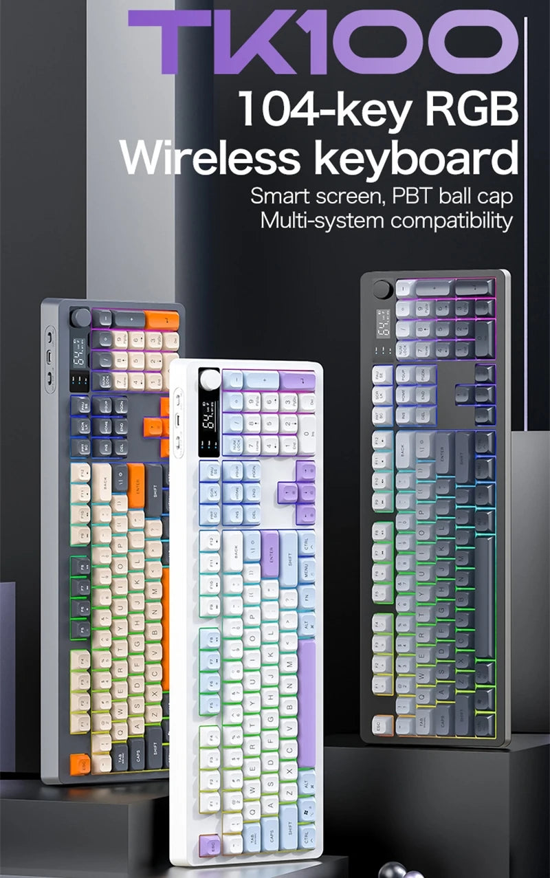 Spanish Wireless Keyboard Russian Spanish Arabic Korean 100% Keyboard Layout With Volume Knob TK100 RGB Light Type C Bluetooth