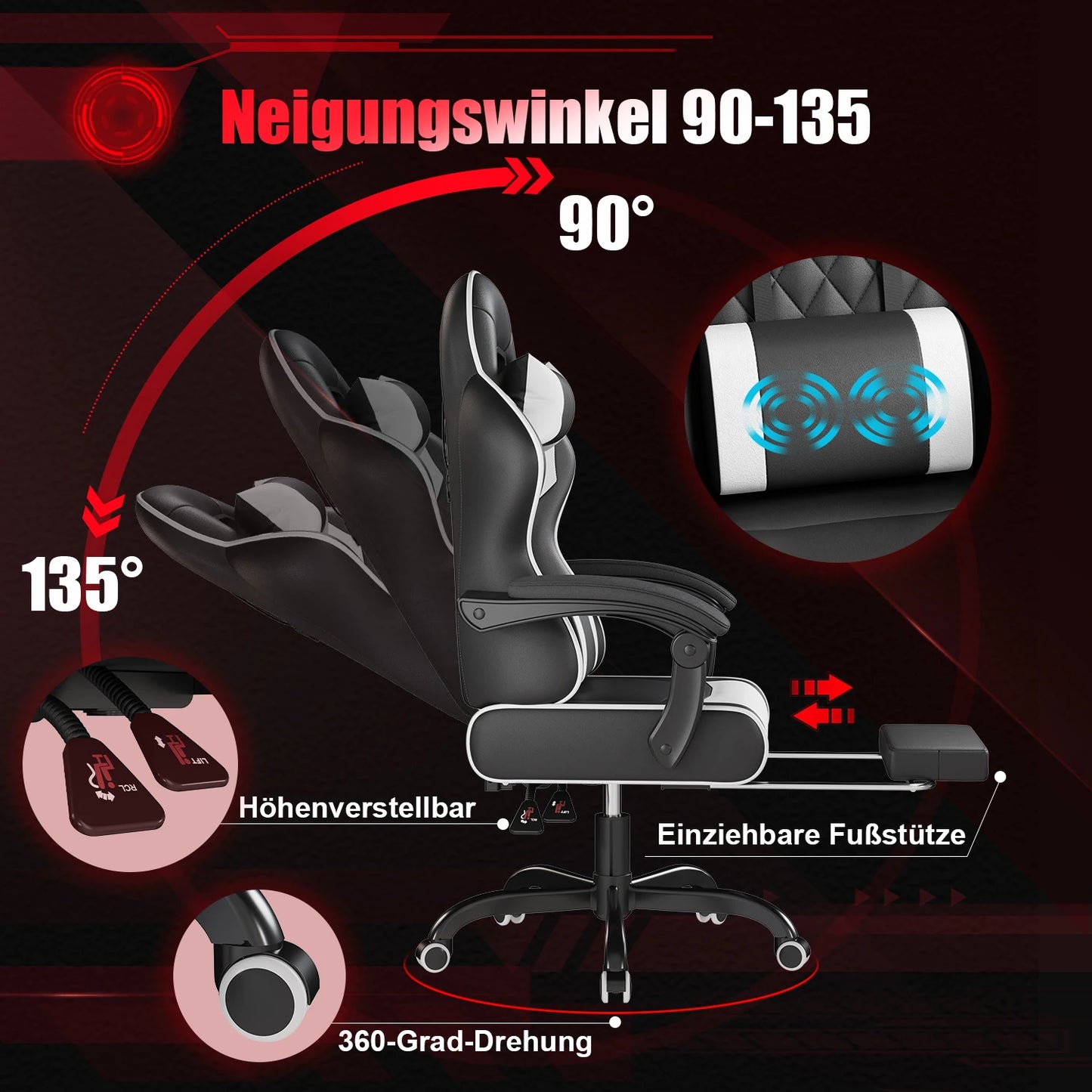 HOMALL Height Adjustable Massage Gaming chair Ergonomic Design with Lumbar Support Headrest Swivel chair