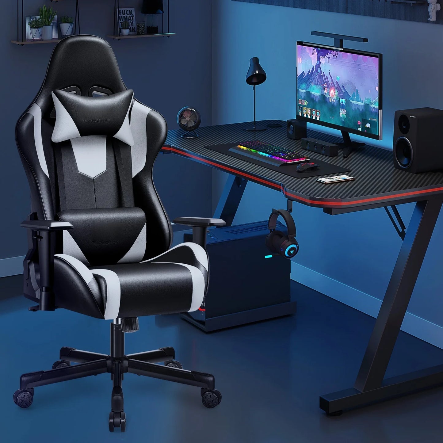 Gaming chair multi-directional adjustable PU leather ergonomic lumbar support Headrest Black and White