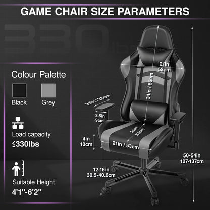 Gaming chair PU leather adjustable in multiple directions, with lumbar support and headrest, ergonomic, black-gray