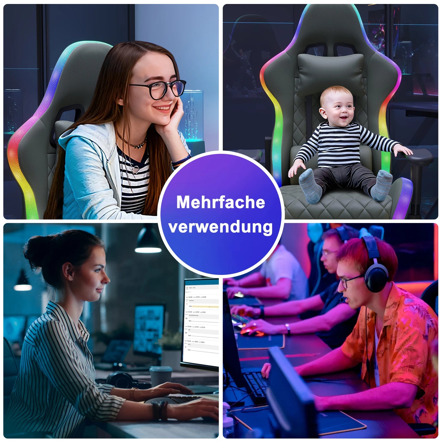 Comanlai Rgonomic Gaming Chair with RGB Lighting, PVC Leather Computer Chair, Adjustable Seat Height and Backrest, Waist Massage