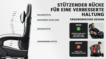 Black & White Gaming Chair, Ergonomic PU Leather Computer Chair with Footrest, Adjustable Swivel Office Chair with Lumbar Support & Headrest, Breathable High-Back Chair for Gaming & Work
