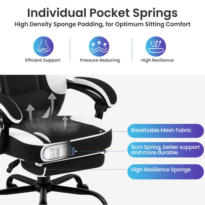 WOLTU Swivel Gaming Chair with Pocket Spring Cushion Ergonomic Office Chair Wide Seat Footrest Rotatable Computer Armchair
