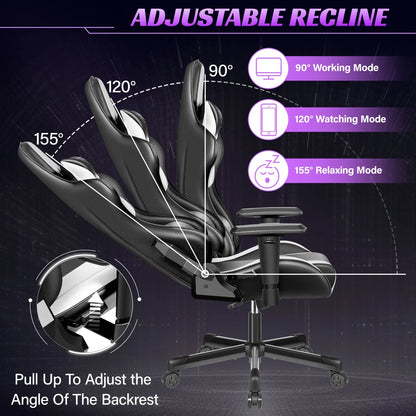 Gaming chair multi-directional adjustable PU leather ergonomic lumbar support Headrest Black and White