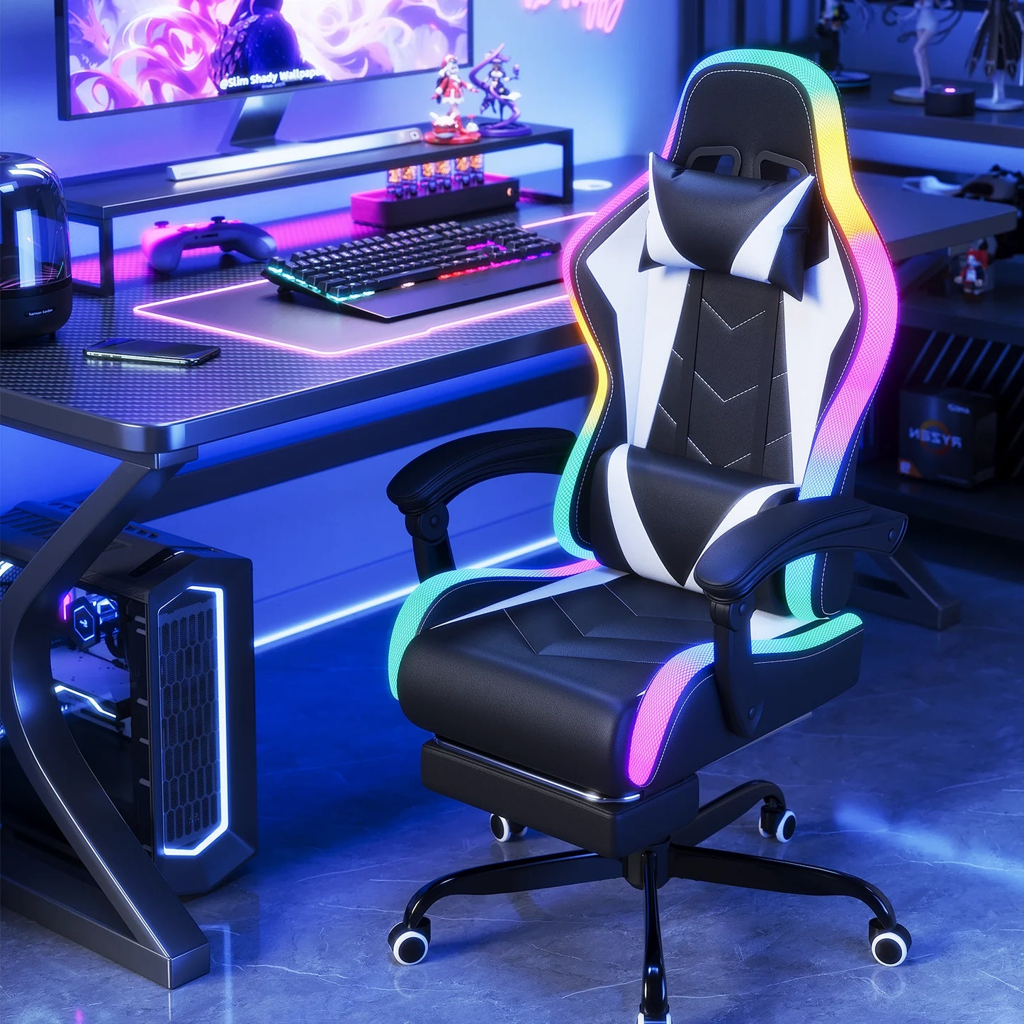 HOMALL LED Gaming Chair Multiple Light Effects Ergonomic with Footrest, Headrest and Lumbar Support Desk Chair