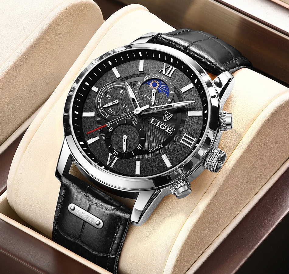 2025 New Mens Watches LIGE Top Brand Luxury Leather Casual Quartz Watch Men's Sport Waterproof Clock Watch Relogio Masculino+Box