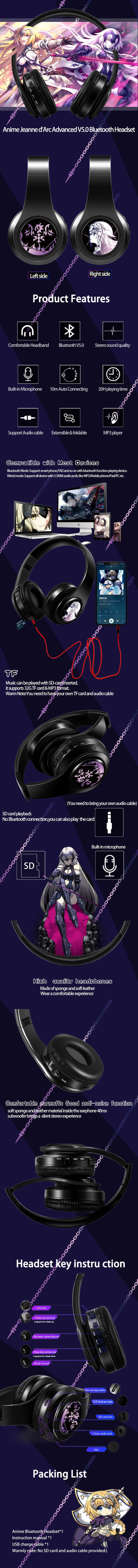 Wireless Silent Disco Headphone Anime Fate/Grand Order FGO Jeanne d'Arc Stereo Bluetooth Headphone for Playing Games Earphone