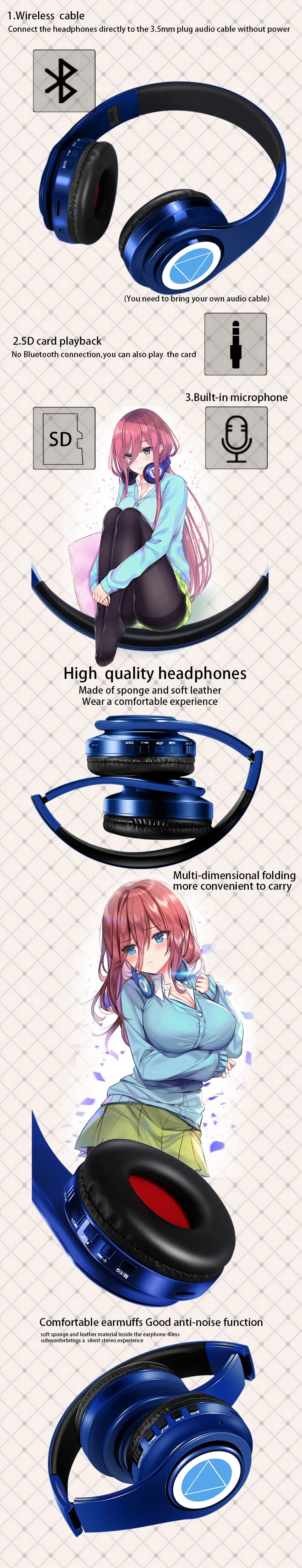 Miku Nakano Sanjiu Cosplay Bluetooth Headset 5.0 Over-ear Stereo Anime Headphones  for Mobile Phone