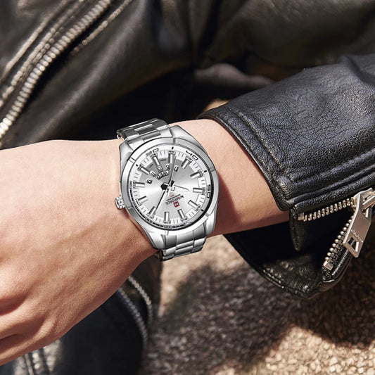 Montre pour homme NAVIFORCE, entièrement en acier, étanche, style décontracté, mouvement à quartz avec affichage de la date – Montre-bracelet de luxe pour homme, d'une marque de premier plan.