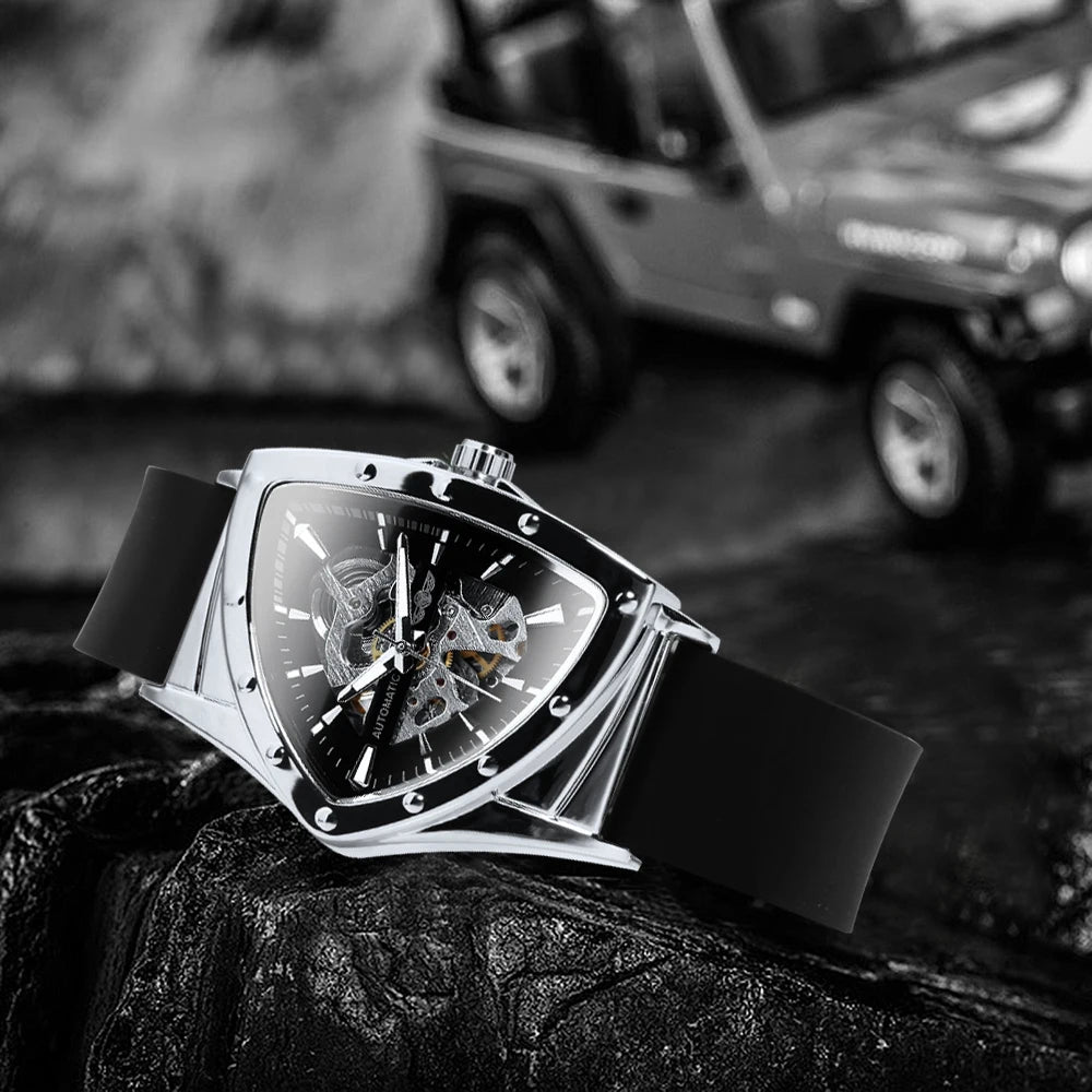 Reloj automático para hombre WINNER, diseño esqueleto triangular, agujas luminiscentes, correa de caucho, estilo militar, reloj mecánico de lujo