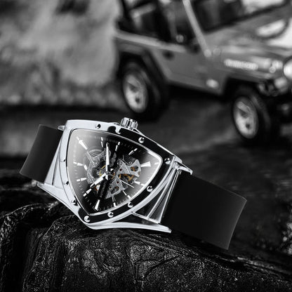 Reloj automático para hombre WINNER, diseño esqueleto triangular, agujas luminiscentes, correa de caucho, estilo militar, reloj mecánico de lujo
