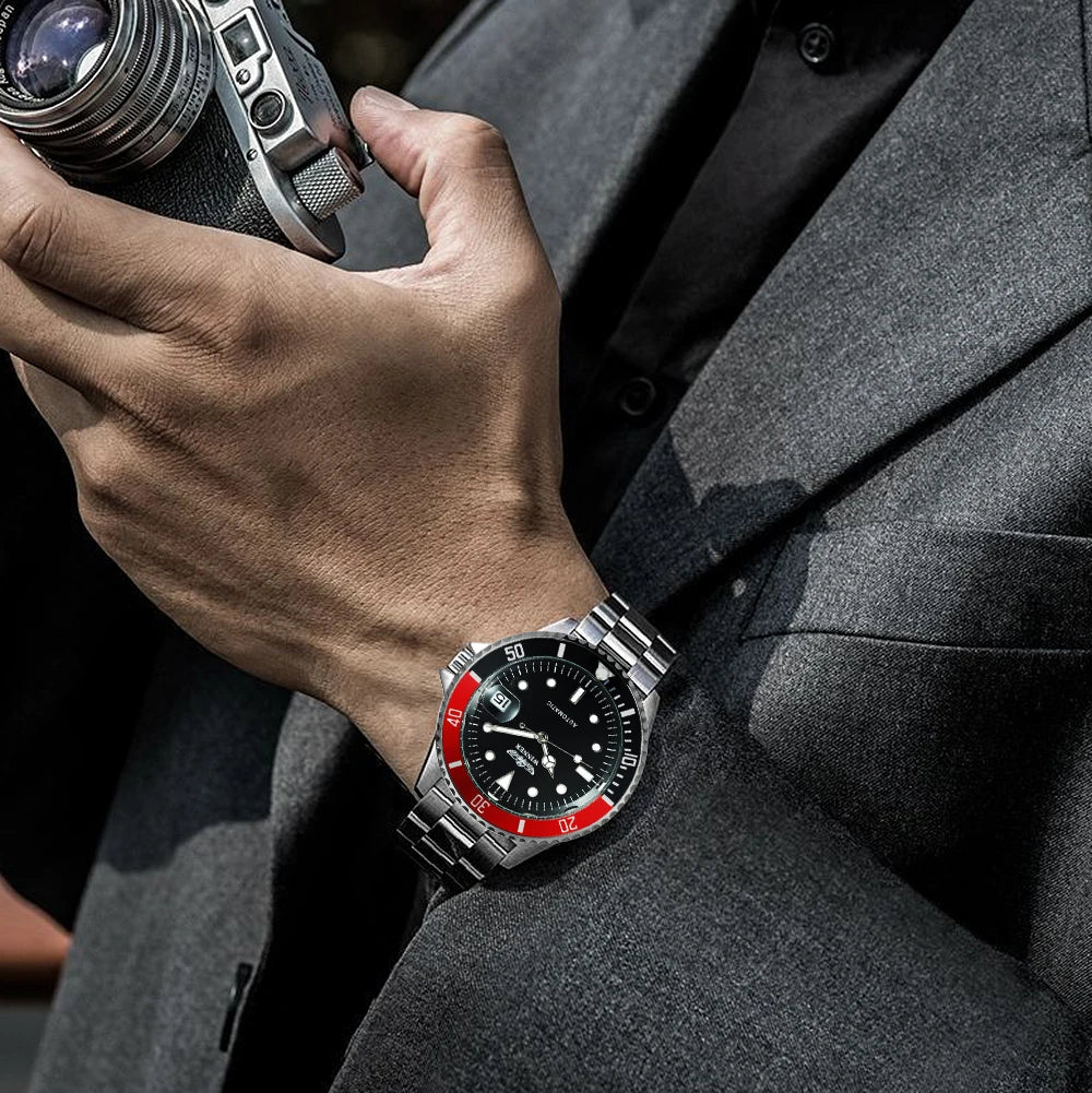 Reloj mecánico clásico para hombre: marca de lujo, estilo profesional, movimiento automático, bisel giratorio, esfera luminiscente, correa de acero