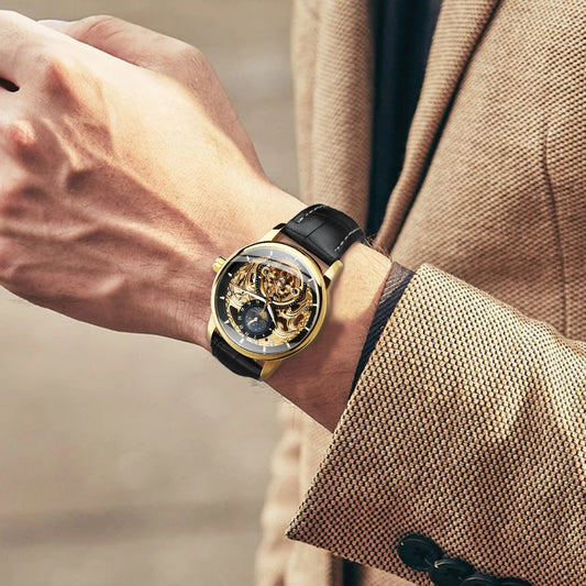 Montre mécanique automatique WINNER, style rétro classique, modèle de luxe avec tourbillon et cadran squelette, dotée d'une phase de lune et d'un bracelet en cuir véritable.