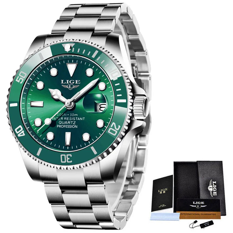 Montre de plongée de luxe pour homme, marque LIGE, étanche 3ATM, avec affichage de la date, montre à quartz sportive