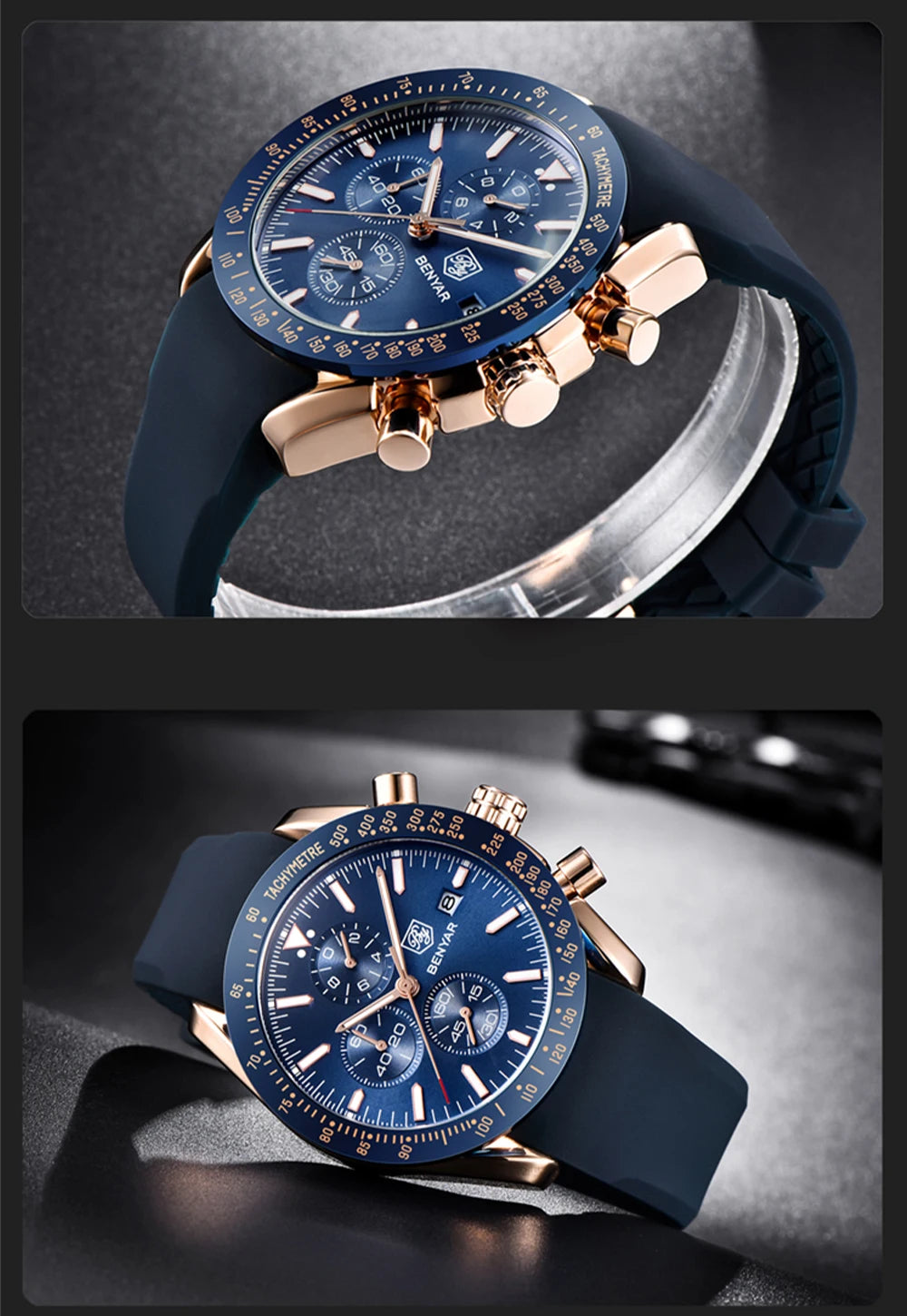 Relojes de lujo para hombre BENYAR: relojes de pulsera de cuarzo con correa de piel, resistentes al agua hasta 30 m, estilo deportivo.