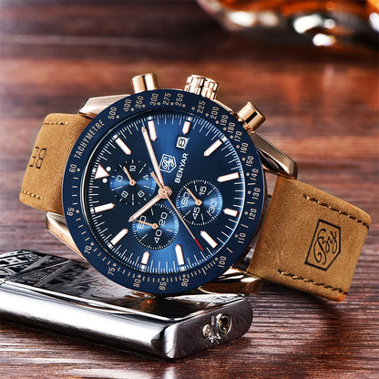 Relojes de lujo para hombre BENYAR: relojes de pulsera de cuarzo con correa de piel, resistentes al agua hasta 30 m, estilo deportivo.