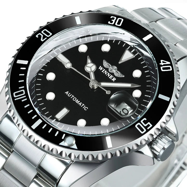 Reloj mecánico clásico para hombre: marca de lujo, estilo profesional, movimiento automático, bisel giratorio, esfera luminiscente, correa de acero