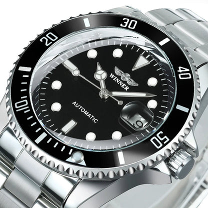 Reloj mecánico clásico para hombre: marca de lujo, estilo profesional, movimiento automático, bisel giratorio, esfera luminiscente, correa de acero