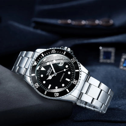 Reloj mecánico clásico para hombre: marca de lujo, estilo profesional, movimiento automático, bisel giratorio, esfera luminiscente, correa de acero